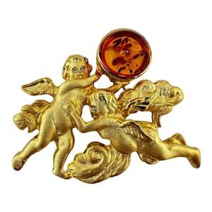 Vintage Louis Stern Real Baltic Amber Cherubs Angels Gold Tone 1.5”x1.5” Brooch